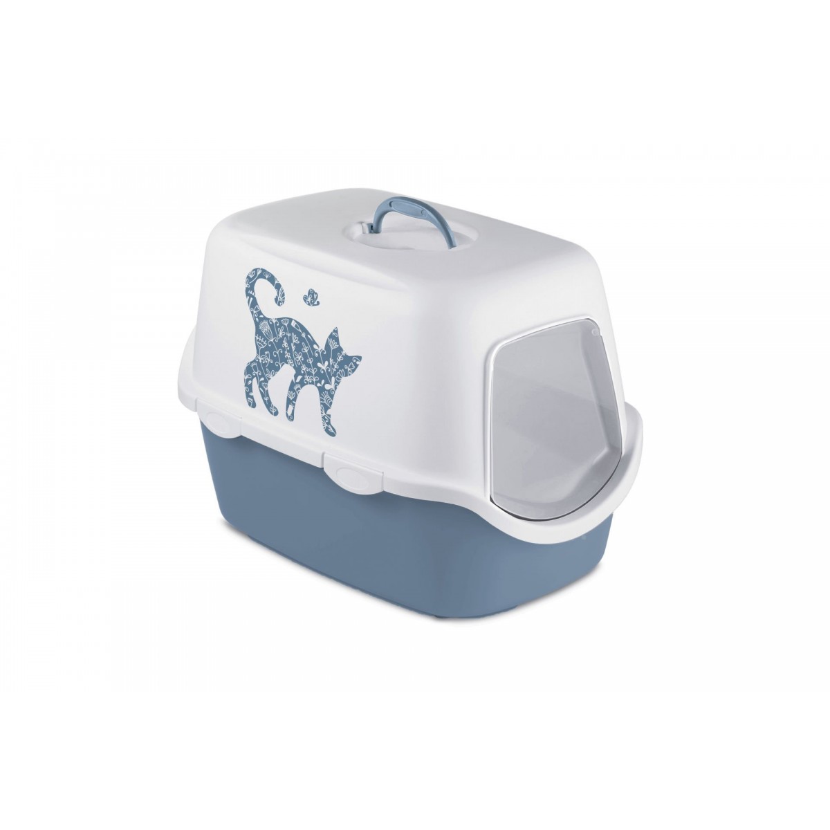 Stefanplast Cathy Griffe Kedi Desenli Kapalı Kedi Tuvaleti Beyaz/Mavi 56x40x40 Cm